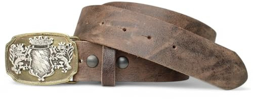 FRONHOFER Trachtengürtel Herren 100% echtes Leder 4 cm Breite zweifarbige Schnalle Bayern Wappen Druckknopf wechselbar Größen 90 95 100 105 110 115 120 125 Made in Germany