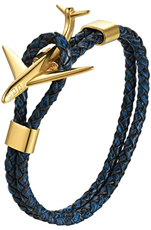 JewelryWe Lederarmband Flugzeug für Herren Damen: Blau Echt Leder Geflochten Kordelkette Manschetten Armband Armreif mit Gold Edelstahl Flugzeug Verschluss - Geschenk für Piloten & Flugzeugfans