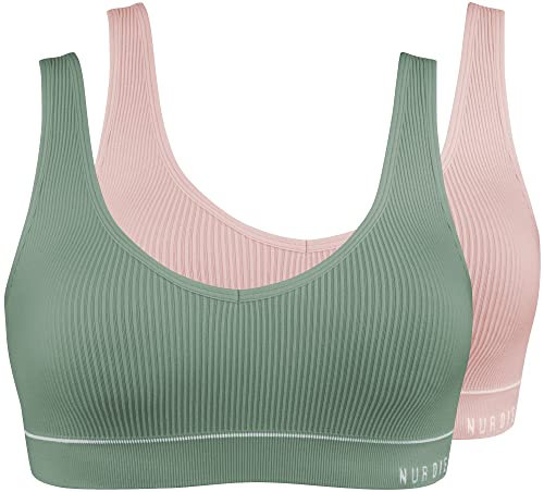 Nur Die 2er Pack Retro Bustier sportlich ohne Bügel bügelloser BH Bra Unterwäsche Damen, Rose/Khaki, XL