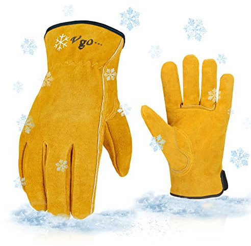 Vgo... Gants de Travail de Sécurité pour Hommes en Cuir, Gants de Jardinage, Gants Hiver (CB9501F,Or,10/XL,1Paire)