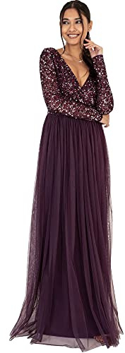 Maya Deluxe Women's Ladies Maxi for Women With Long Sleeves V Neckline Plunging Sequin Embellished Wedding Gue Dress, Berry, 12 UK