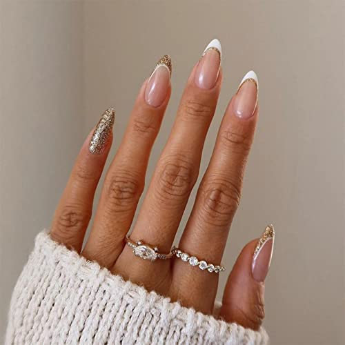JUSTOTRY 24 Pcs Gold Glitter Almond Short False Nails Pattern,Milky White French Press on Nails,Trendy Nude Fake Nails Short,Stiletto Medium Stick on Nail for Women
