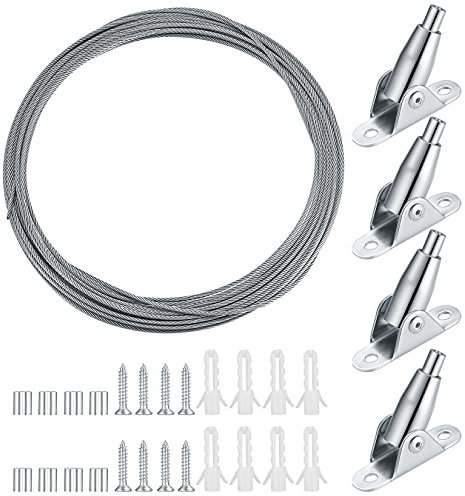 10 Metri Guaina Fune Metallica Inossidabile in Acciaio Kit, Corda in Acciaio rRegolabile da 2 mm, Fune Cavo con Tenditore Morsetto di Montaggio per Corda per Tenda, Appendere Luce