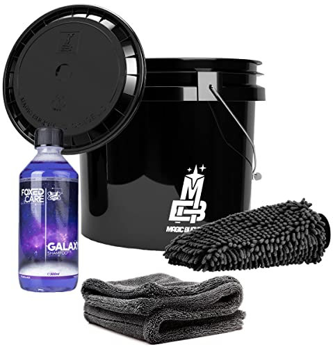 Auto Waschset - Magic Bucket Wascheimer 3,5 GAL mit Deckel Schwarz + FoxedCare Galaxy Autoshampoo 0,5L + Gamma Dryer Mikrofaser Trockentuch 1400GSM + Waschhandschuh