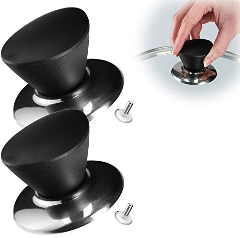 KADAX Lot de 2 poignées de couvercle ignifuge en plastique et acier inoxydable, poignées universelles pour couvercle de casserole, bouton de couvercle en verre Noir mat