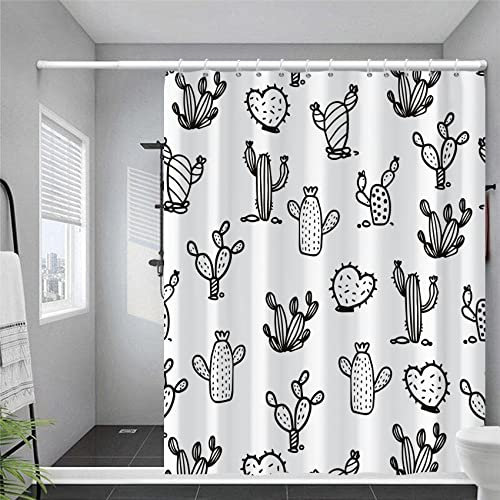 Ttincceer Tenda da Doccia 183L x 152A cm Nero Bianco Cactus Cartone Animato Impermeabile Moderno Unisex per Bagno