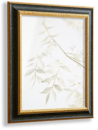VO design Dekorativer Bilderrahmen Kjell aus Massivholz in 120 x 80 cm Schwarz Gold Dekor im Vintage Stil mit antireflex Kunstglasscheibe