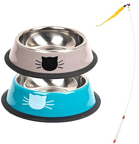 2 Pièces Gamelle Chat INOX,Bol pour Chat,Bol Chat,Gamelle pour Chat + Jouet pour Chat