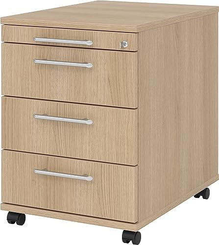 bümö Rollcontainer mit Schubladen, Container abschließbar aus Holz in Eiche - Rollwagen für's Büro als Schreibtisch Unterschrank, Bürocontainer od. Schreibtischcontainer mit Relinggriffe