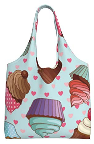 Debou Cupcake-Muster, Leinen-Tragetasche für Frauen, große Kapazität, tragbar, wiederverwendbare Handtasche, Schwarz , Einheitsgröße