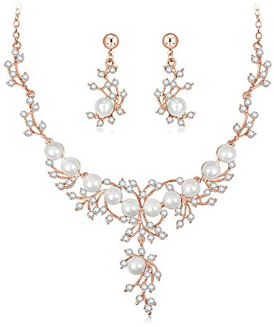 Cangall Jewellery Sets for Women, Necklace and Drop Earring Sets with Clear Crystal & Pearl, Rose Gold Wedding Jewellery Set for Ladies Bride Bridesmaid, Women's Jewellery Set for Prom Engagements