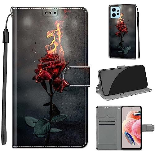 Tveinan Hülle für Xiaomi Redmi Note 12 4G Handyhülle, PU Leder Flip Case Klapphülle Klappbar Tasche Schutzhülle Stoßfest Cover mit Motiv Kartenfach Standfunktion für Redmi Note 12 4G Hülle - Feuerrose