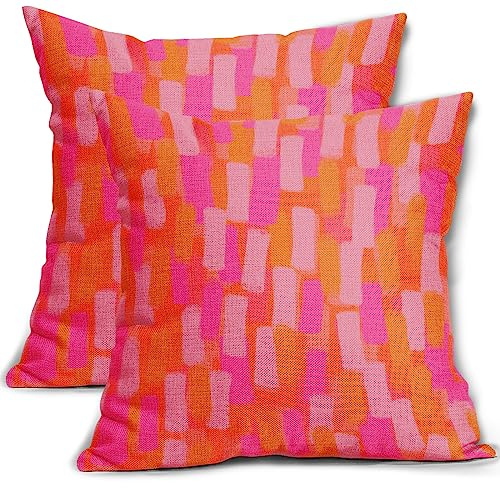 Zierkissenbezüge im Retro-Stil der 70er Jahre, dekorativ, modern, abstrakt, ästhetisch, Leinen, Bauernhaus, 45,7 x 45,7 cm, Rosa und Orange, 2 Stück