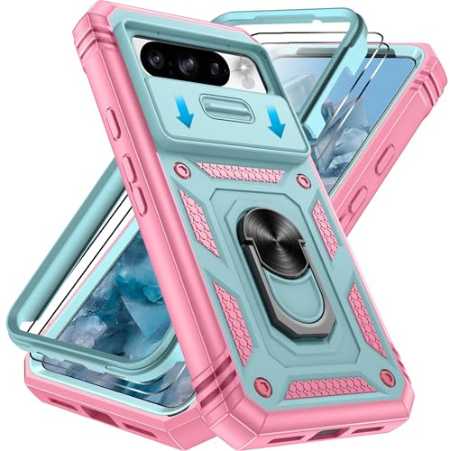 Pilaru 3 in 1 for Pixel 8 Pro Case with Front Frame |2 Separate Screen Protectors| Kickstand Ring & Camera Cover Military Grade Drop Shockproof Protection for Google 8 Pro,Green/Pink