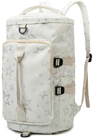 Vllcsla Fitness Tasche Rucksack Damen Sterne, 46x18x18 cm, Sporttasche Damen Fitnessstudio mit Schuhfach, Nasstasche, Weekender Bag Damen Rucksack, Reisetasche Handgepäck Weekender (Weiß)