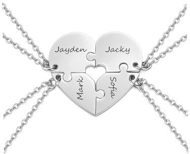Zysta Personalierte Freundschaftskette für 4 Puzzle Herz Anhänger Mit Gravur BFF Ketten für Schwester BFF Geschenke (Silber)