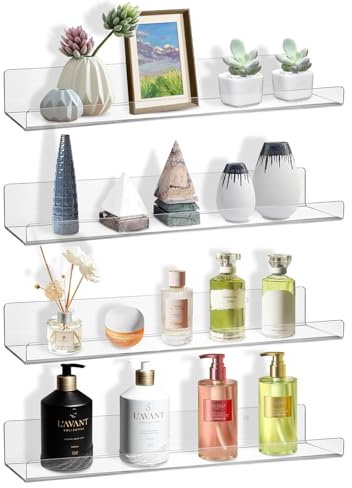 AMEITECH Clear Floating Shelves Wall Mounted Set of 4, 38cm Acrylic Shelves for Wall Storage, Kids Bookshelf, Acrylic Hanging Shelves for Bedroom, Gaming Room, Living Room, Bathroom, Office