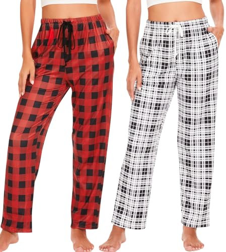 Ymmchy Damen Pyjamahose Lang Schlafanzughose Kariert Freizeithose Frauen Schlafhose Weiche Nachtwäsche Hose 2-Pack Rot Kariert/Schwarze Kariert S