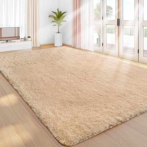 Sour Lemon Teppich, Wohnzimmer, 240 x 300 cm, Beige, für Schlafzimmer, waschbar, rutschfest, extra groß, zottelig, weich, flauschig, modern, Bodenteppich, Matte