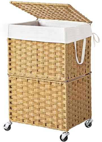 Chrislley Wicker Laundry Basket with Wheels,Rolling Laundry Hamper with Lid