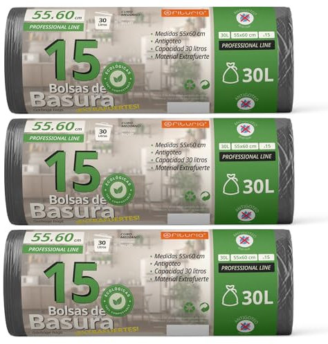 Sacs Poubelle, Sacs 30L, Résistants, Matériau 100% Recyclé et Recyclable, Anti-Fuite, Fermeture Facile, Convient à Tous Types de Déchets, 55x60 cm - Ofituria (45 sacs, 30L)