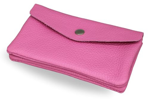 Brise Art Geldbörse Damen Leder Midi Handgemachte Portemonnaie Damen Geldbeutel 2 Fächer Stylisch Verschließbar mit Druckknopf und Zipper Made in Italy (Hellpink)
