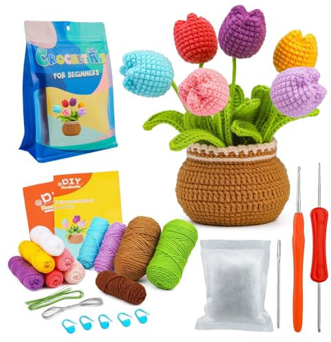 Mecmbj Häkelset für Anfänger, Gehäkelte Blumen Topf Verzierung für Frauen Geschenke, Anfänger Häkelset für Erwachsene, DIY Häkelset mit Schritt-für-Schritt-Videoanleitung auf Englisch(Tulpen)