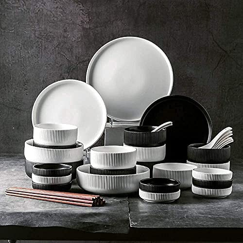 Geschirr-Set für Küche und Esszimmer, 38-teiliges Keramik-Geschirr-Set, Nordic Black White Creativity Porzellan-Geschirr-Set mit Schüsseln, Speiseteller, Löffel, Service für 6–8 Personen