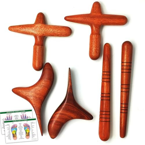 KITAMA Thai Massage-Holz Set (8 Teile): Jeweils 2 Stück: Stäbchen, Kreuz, Vogel & 2 DIN A4 Plakate als Massagehilfe Massagewerkzeug