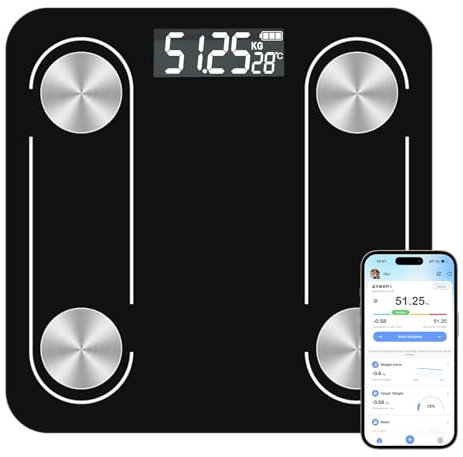 LOPHE Bilancia Pesapersone Digitale, Bilancia Impedenziometrica Bilancia Smart con Bluetooth Display a LED Retroilluminato, Intelligente Bluetooth Bilancia 26 * 26cm, USB Ricaricabile