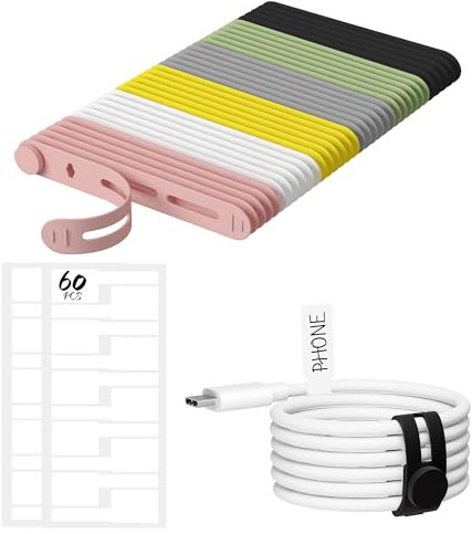 Nearockle 30 Stück Silikon kabelbinder wiederverschließbar und 60 Stück Kabeletiketten, wiederverwendbar Kabelmanagement Kabel Organizer, ladekabel, Kopfhörerkabel, Büro, Schreibtisch (Mehrfarbig)