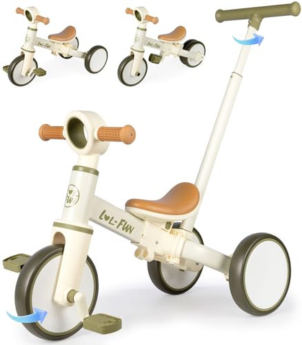 LOL-FUN 5 in 1 Laufrad Dreirad, Laufräder Kinderdreirad mit schubstange, Dreirad Lauffahrrad für Kinder ab 1 Jahre Jungen Mädchen Geschenk