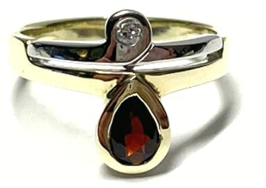 Goldring 585/- Gold bicolor Granat rot tropfen + Zirkonia Schmuckring Ring #54