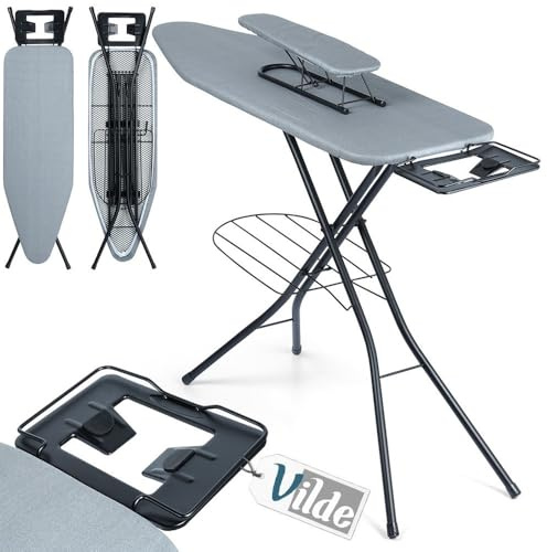Vilde Bügelbrett mit Ärmelbrett Set - Höhenverstellbar & Klappbar 140x39x92cm - Großes Bügelfläche 120x38,5cm | Komfortabel & Effizient für Dampfbügelstation - Abnehmbarer Grauer Polyesterbezug