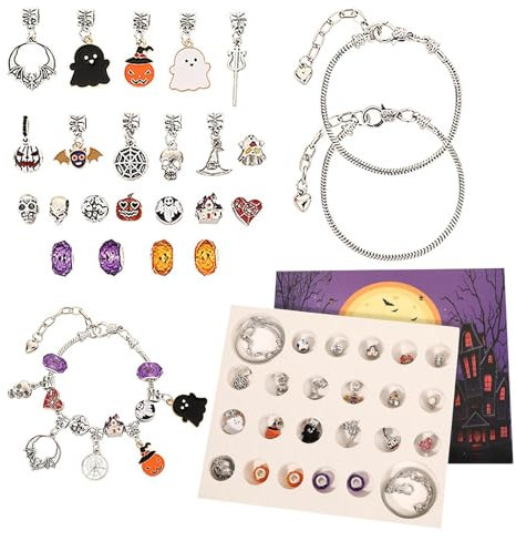 Halloween Adventskalender 2024, 24 Tage Halloween Countdown Kalender Armband Herstellung Set, Schmuck Adventskalender mit 2 Armbänder und 22 Charm