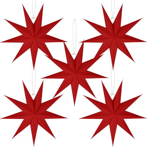BestoFun 5 PCS Red Paper Star Lanterns Hanging Stars Christmas Party Decorations Hanging Lampshade Christmas Wedding Birthday Christmas Home Party Decorations(12 Inch)