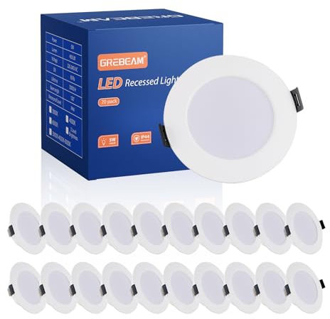 Grebeam 20er LED Spots 230v, LED Einbaustrahlerled Flach 5W 450LM, IP44 Einbauleuchten für das Bad, Kaltweiß 6000K, Ø75-90mm Lochdurchmesser, Spot Deckenspots für Wohnzimmer