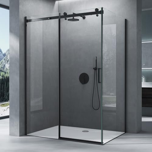 Mai & Mai Cabine de Douche en Angle Noir 100x100 avec Porte de Douche Coulissante Receveur de Douche Blanc Compris Rav19