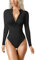 OQQ Women's Bodysuits Sexy Ribbed Seamless One Piece Zip Front Long Sleeve Tops Bodysuits Black