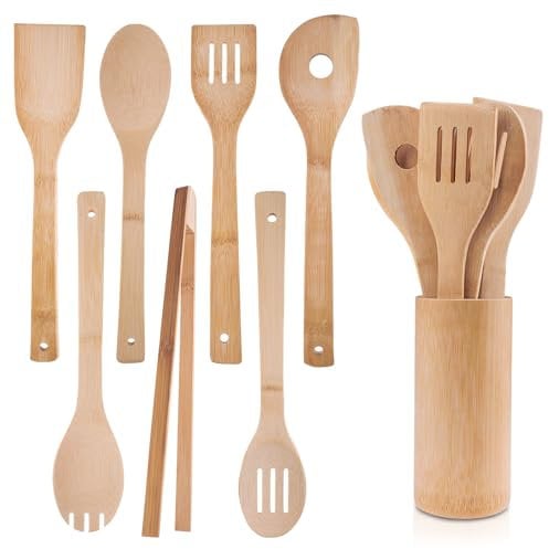 Rongxze 7 Stücke Kochutensilien Set, Holz Küchenutensilien, Küchenhelfer Holz für die Küche, Pfannenwender, Holzlöffel, Antibakteriell und Hitzebeständig, Hochwertige Küchenutensilien