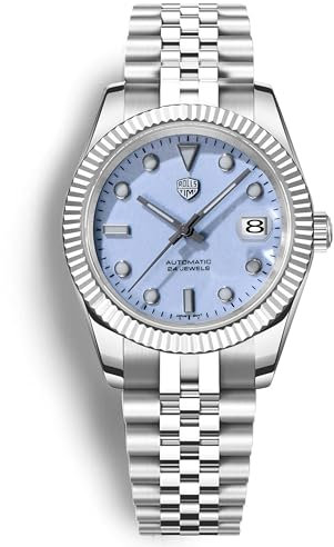 RollsTimi Herrenuhren, Luxus Herren Automatikuhren NH35A Uhrwerk 10Bar Wasserdicht Helles Saphirglas Edelstahlarmband Kalenderuhr (Hellviolett)