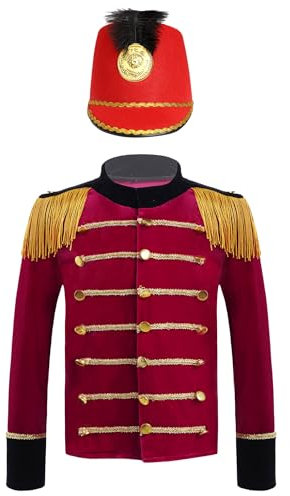 YEAHDOR Costume Schiaccianoci Con Cappello Bambini Costume da Domatore Circo Cappotto Medievale in Velluto Giacca Stretta di Parata Militare Costume Carnevale Rosso 11-12 anni