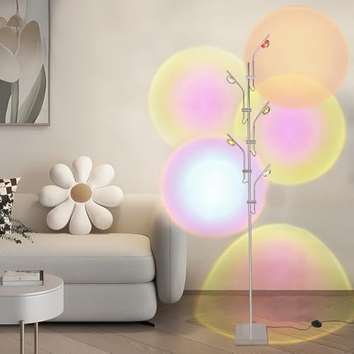 LED Floor Lamp Halo Projector Lights for Bedroom,Tall Standing Lamp Replaceable Color Filter,Ambient Lighting,Colour Changing Lamp Livingroom Decor,Mood Light,Chrome,Warm 3000K,15W,360°Adjustable