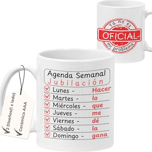 Quodelo Taza Jubilación 350ml - Cerámica con Mayor Brillo y Grosor, Deséale una Feliz Jubilación y comienzo de una nueva etapa - Regalo para Recién Jubilado ya sea Hombre o Mujer