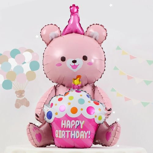 Ovanda Teddy-Bär Rosa Ballon, Happy Birthday Ballon, Folien Ballons, Folien Luftballon,Kinder Geburtstag Mädchen,Baby Bär Ballons,für Kinder Junge Mädchen Geburtstag,Baby Shower Deko