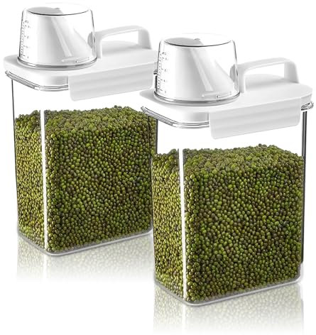 2 Pièces Distributeur Lessive Liquide de 1800ml, Rangement Lessive avec Verre Doseur Distributeur de Lessive Convient pourla Poudre à Lessive, La Lessive, Les céréale