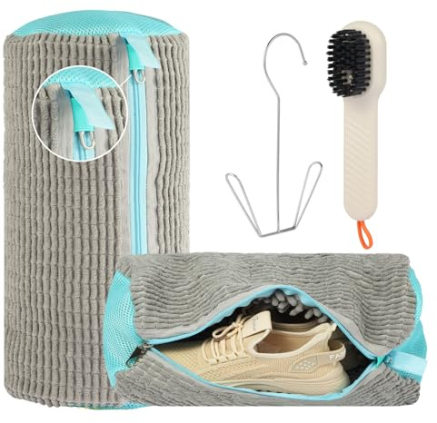 SUNRITOS Schuh Waschbeutel für Waschmaschine, 4-in-1 Komplett-Set, 2 Stück Sneaker Waschbeutel aus Chenille Mikrofaser inkl. Bürste & Schuhständer (Grau)