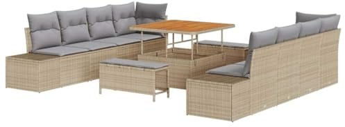 vidaXL 11-teiliges Garten-Sofa-Set mit Kissen in Beige aus Poly-Rattan – Gartenmöbel für Terrasse, Patio und modulares Gartenlounge im Sommerdekor