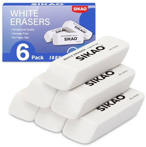 SIKAO Weiße Radiergummis 6er Set – Radiergummi Kinder für Schule, Prüfungen & Zeichnen – Latexfreie TPR Bleistift Radierer, Schmierfreies Radieren, Abgeschrägte Form für präzise Korrekturen