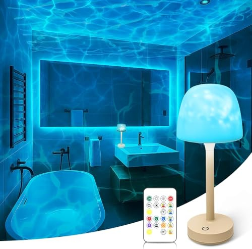 Waterproof Shower Lamp for Inside Shower, Rechargeable Bathroom Lamp with Remote & Touch Control, Cordless Shower Light with 16 Color Changeable, LED Ocean Wave Projector Light for Bathroom Bathtub